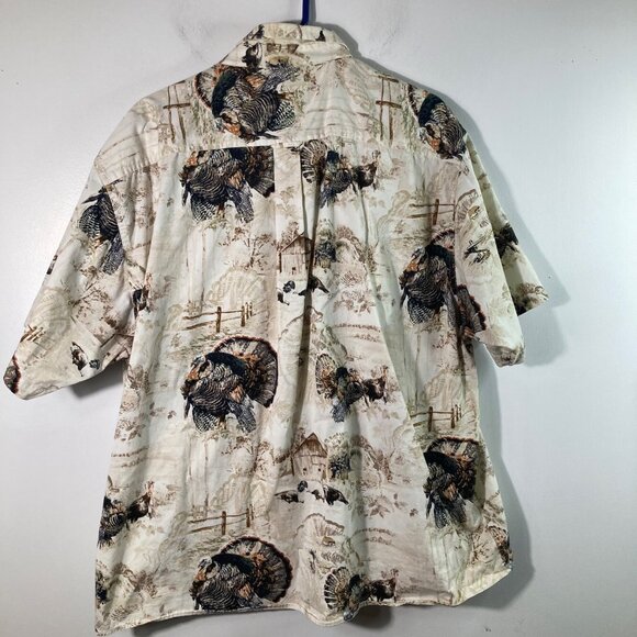 Mens North River Hunting Turkey Button Shirt Short Sleeve 2XL Cream Brown Cotton - Picture 2 of 7